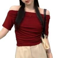 Istyle Can Korean Solid Short Sleeve Asymmetric Collar Pleated Cropped Top - Asymmetrical Neck, Ruched Design, Regular Sleeve, Casual, Half Sleeve, Slim Fit