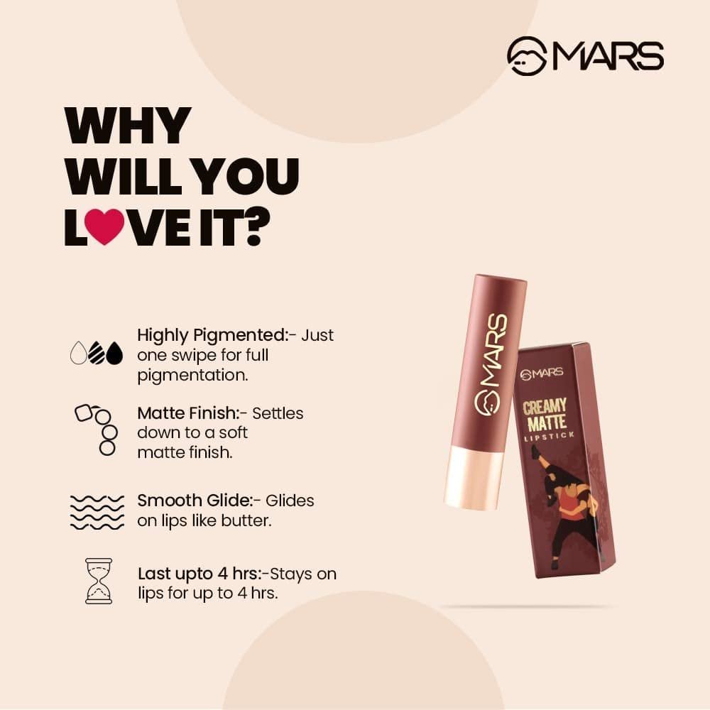 MARS Creamy Matte Long Lasting Lipstick for Women | Creamy Lipstick | Single Swipe Application | Smooth & Light Weight (3.2 gm) (02-Zesty Zumba) - Image 5