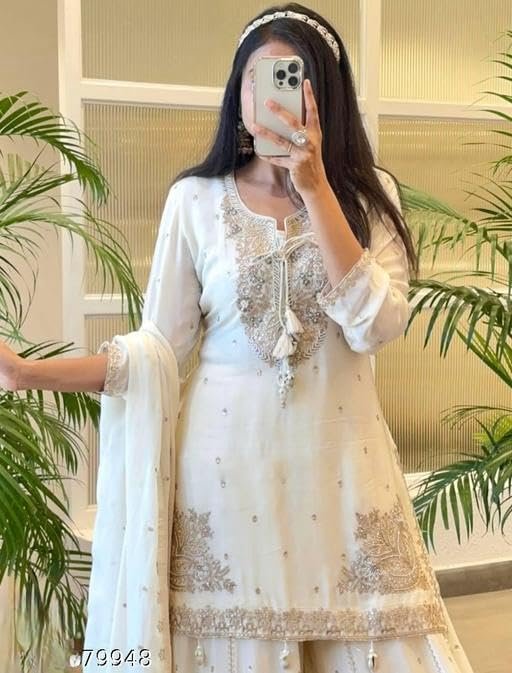 Shishkala Women's White Embroidered Georgette Sharara Set with Dupatta | Party Kurta Pant | Festive Wedding Ethnic Dress for Women Elegant dress - Image 6