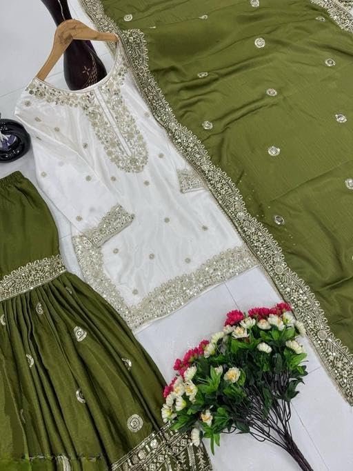 Shishkala Women's Off-White Embroidered Kurta with Green Sharara & Dupatta Set – 3/4 Sleeve, Round Neck, Above Knee Length | Party | Wedding - Image 6