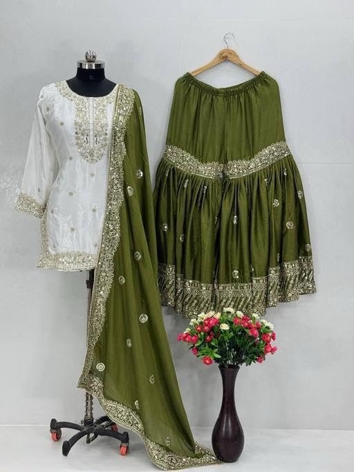 Shishkala Women's Off-White Embroidered Kurta with Green Sharara & Dupatta Set – 3/4 Sleeve, Round Neck, Above Knee Length | Party | Wedding - Image 5