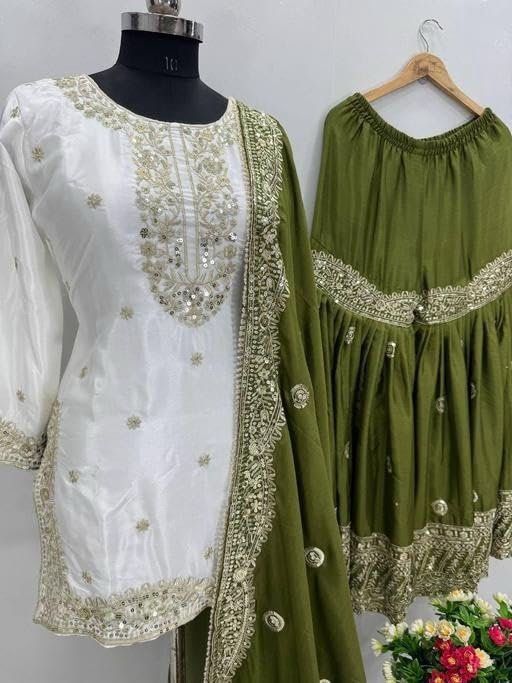 Shishkala Women's Off-White Embroidered Kurta with Green Sharara & Dupatta Set – 3/4 Sleeve, Round Neck, Above Knee Length | Party | Wedding - Image 4