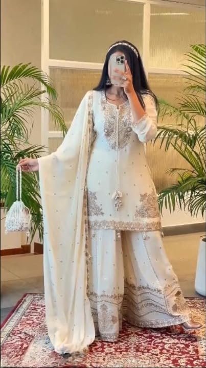 Shishkala Women's White Embroidered Georgette Sharara Set with Dupatta | Party Kurta Pant | Festive Wedding Ethnic Dress for Women Elegant dress - Image 5