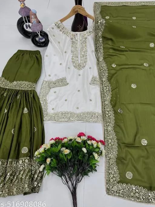 Shishkala Women's Off-White Embroidered Kurta with Green Sharara & Dupatta Set – 3/4 Sleeve, Round Neck, Above Knee Length | Party | Wedding - Image 7