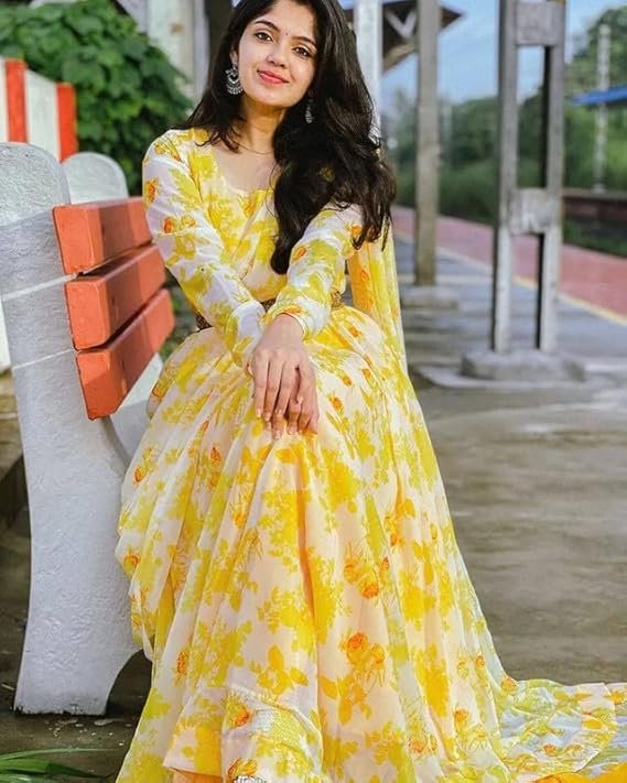 Women's Georgette Anarkali Gown with Dupatta Set | Festive | Traditional | Wedding Yellow Gold - Image 6