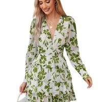 Leriya Fashion Women’s V-Neck Floral Print Ruffle Long Sleeve A-Line Mini Dress | Elegant Casual Party Outfit | Lightweight Layered Summer Wear