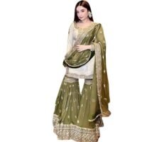 Shishkala Women's Off-White Embroidered Kurta with Green Sharara & Dupatta Set – 3/4 Sleeve, Round Neck, Above Knee Length | Party | Wedding