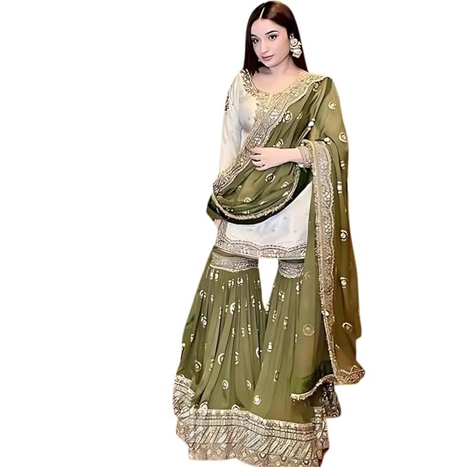 Shishkala Women's Off-White Embroidered Kurta with Green Sharara & Dupatta Set – 3/4 Sleeve, Round Neck, Above Knee Length | Party | Wedding