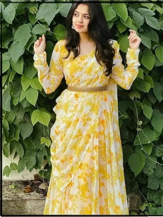 Women's Georgette Anarkali Gown with Dupatta Set | Festive | Traditional | Wedding Yellow Gold - Image 3