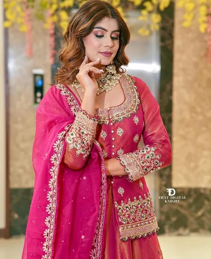 piludi Women's Embroidered Sharara Suit Set | Chanderi Silk Kurta with Dupatta | Wedding & Festive | Ready to Wear Indian Ethnic Outfit - Image 6