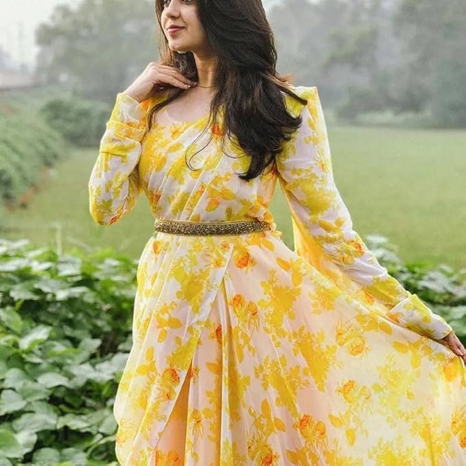 Women's Georgette Anarkali Gown with Dupatta Set | Festive | Traditional | Wedding Yellow Gold - Image 5