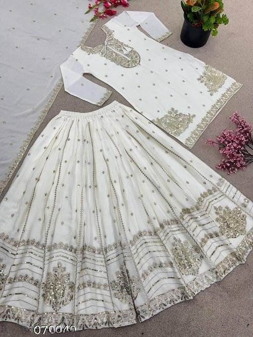 Shishkala Women's White Embroidered Georgette Sharara Set with Dupatta | Party Kurta Pant | Festive Wedding Ethnic Dress for Women Elegant dress - Image 7