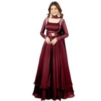 Women Silk Anarkali Kurta Pant Set with Dupatta Flared Ethnic Outfit with Hand Work Detailing for Wedding Festive Traditional and Cultural Occasions