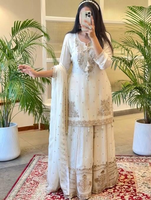 Shishkala Women's White Embroidered Georgette Sharara Set with Dupatta | Party Kurta Pant | Festive Wedding Ethnic Dress for Women Elegant dress - Image 4