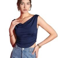 Istyle Can Women’s Solid Stretchable Draped Crop Top | Asymmetric Hem | Cowl Neck | Sleeveless Off-Shoulder/One-Shoulder Top | Stylish Party & Casual Wear