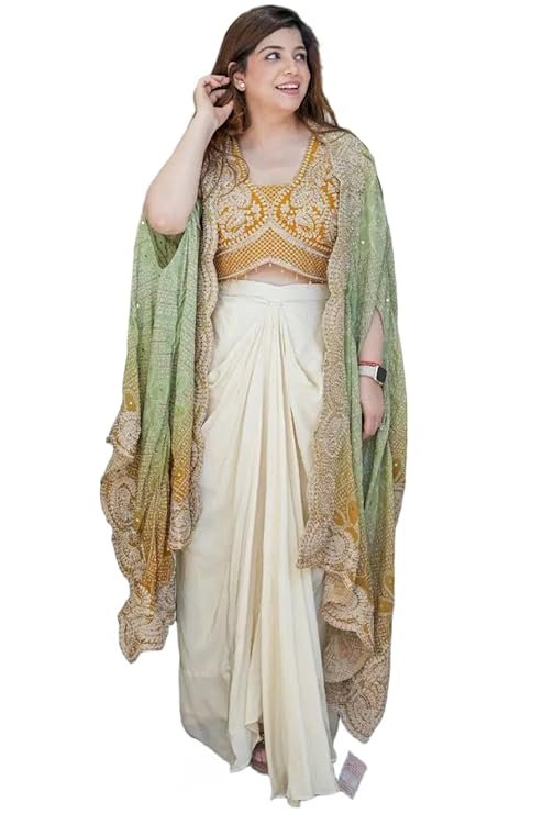 Indo Western Dhoti Set for Women with Embroidered Blouse and Shrug Chinon Silk Ready to Wear Dhoti Saree Style Outfit with Cording Work