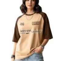 LEOTUDE Oversized Half Sleeve Cottonblend Tshirt for Women, Round Neck Longline Printed Colour Blocked Baggie T-Shirt (Color Rama Green)