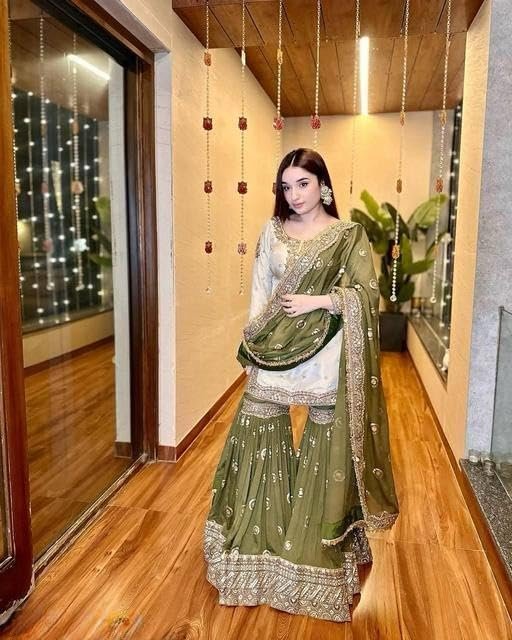 Shishkala Women's Off-White Embroidered Kurta with Green Sharara & Dupatta Set – 3/4 Sleeve, Round Neck, Above Knee Length | Party | Wedding - Image 3