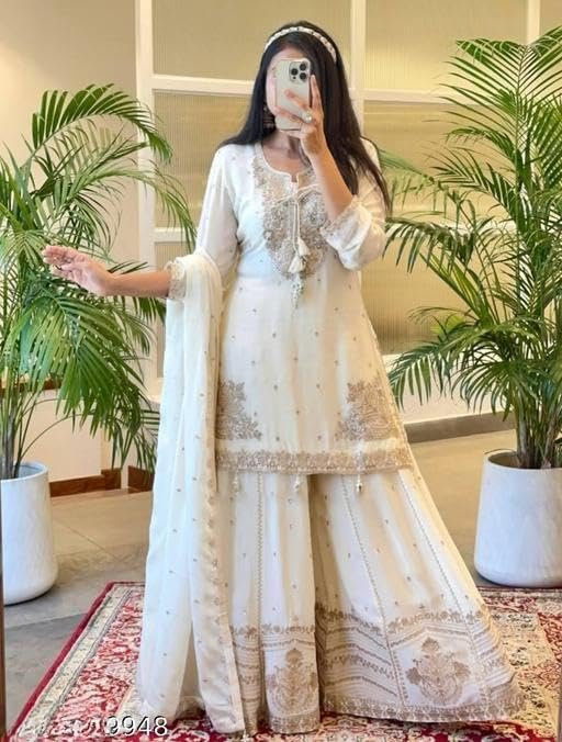 Shishkala Women's White Embroidered Georgette Sharara Set with Dupatta | Party Kurta Pant | Festive Wedding Ethnic Dress for Women Elegant dress - Image 3