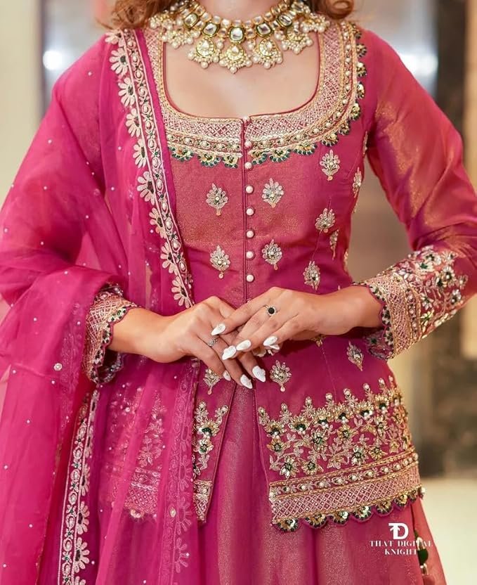piludi Women's Embroidered Sharara Suit Set | Chanderi Silk Kurta with Dupatta | Wedding & Festive | Ready to Wear Indian Ethnic Outfit - Image 4