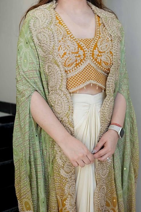 Indo Western Dhoti Set for Women with Embroidered Blouse and Shrug Chinon Silk Ready to Wear Dhoti Saree Style Outfit with Cording Work - Image 8