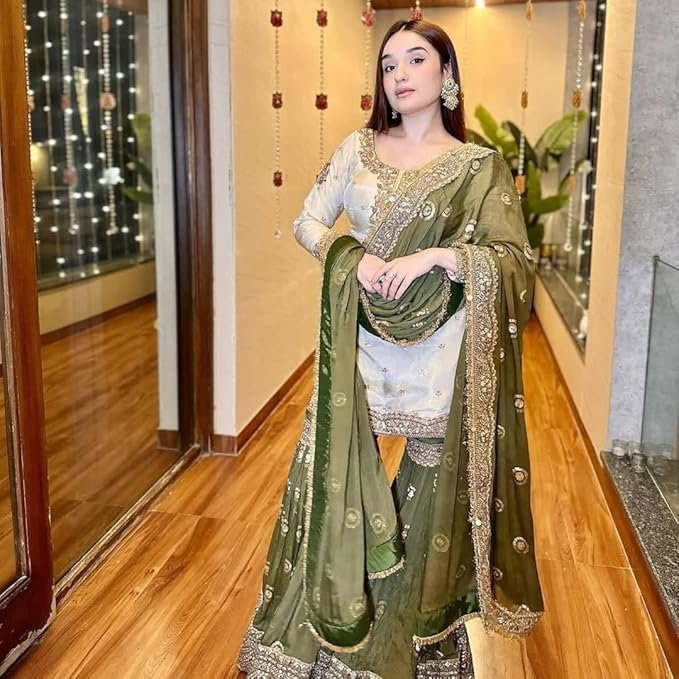 Shishkala Women's Off-White Embroidered Kurta with Green Sharara & Dupatta Set – 3/4 Sleeve, Round Neck, Above Knee Length | Party | Wedding - Image 8