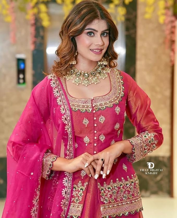 piludi Women's Embroidered Sharara Suit Set | Chanderi Silk Kurta with Dupatta | Wedding & Festive | Ready to Wear Indian Ethnic Outfit - Image 5