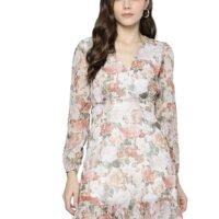 Sassafras Women's Floral Chiffon Fit & Flare Dress | Full Sleeves | Knee-Length | Frill Hem | Zipper Closure