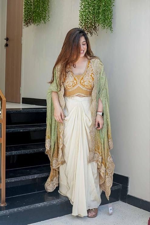 Indo Western Dhoti Set for Women with Embroidered Blouse and Shrug Chinon Silk Ready to Wear Dhoti Saree Style Outfit with Cording Work - Image 6