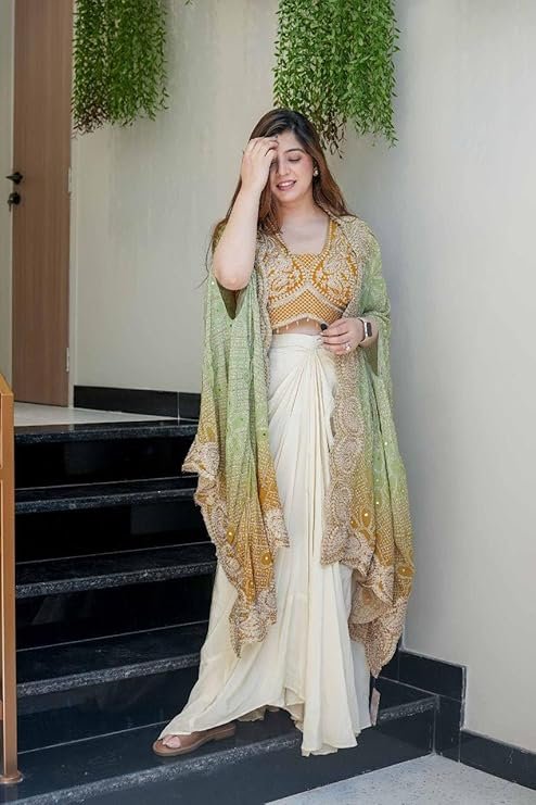 Indo Western Dhoti Set for Women with Embroidered Blouse and Shrug Chinon Silk Ready to Wear Dhoti Saree Style Outfit with Cording Work - Image 3