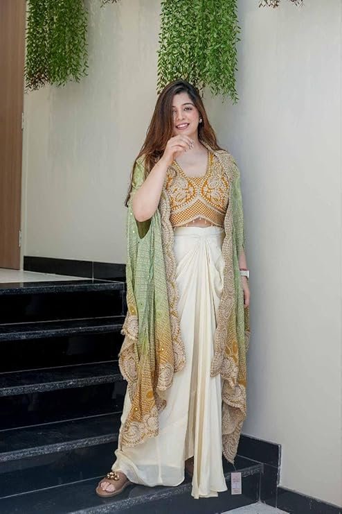 Indo Western Dhoti Set for Women with Embroidered Blouse and Shrug Chinon Silk Ready to Wear Dhoti Saree Style Outfit with Cording Work - Image 5