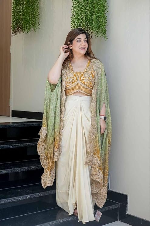 Indo Western Dhoti Set for Women with Embroidered Blouse and Shrug Chinon Silk Ready to Wear Dhoti Saree Style Outfit with Cording Work - Image 7