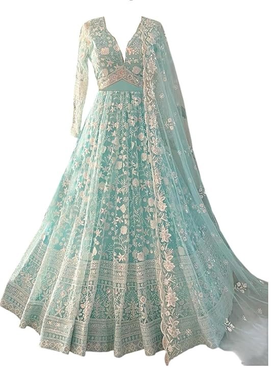 Aika Creation Women's Net Embroidered Semi-Stitched Gown Cross Gown-New