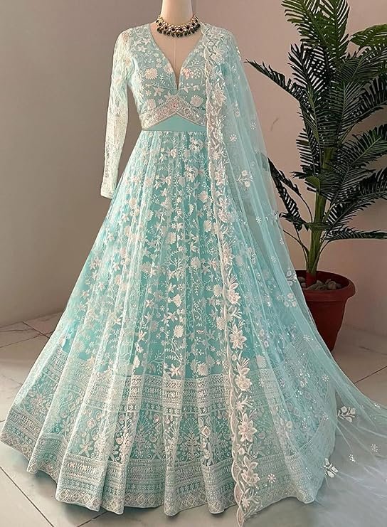 Aika Creation Women's Net Embroidered Semi-Stitched Gown Cross Gown-New - Image 3