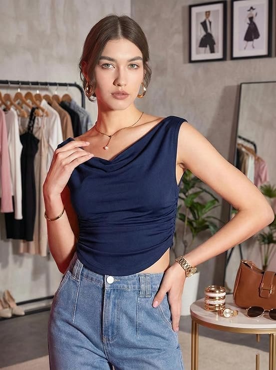 Istyle Can Women’s Solid Stretchable Draped Crop Top | Asymmetric Hem | Cowl Neck | Sleeveless Off-Shoulder/One-Shoulder Top | Stylish Party & Casual Wear - Image 3