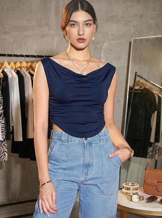 Istyle Can Women’s Solid Stretchable Draped Crop Top | Asymmetric Hem | Cowl Neck | Sleeveless Off-Shoulder/One-Shoulder Top | Stylish Party & Casual Wear - Image 7