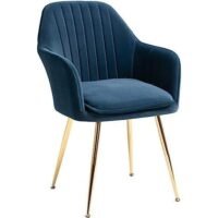 Velvet Upholstered Modern Accent Arm Chair for Living and Dining Room Mid-Century Club Guest Seat with Golden Stylish Legs (Blue)