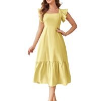 Shasmi Girls Women's Solid Color Square Neck Ruffle Trim Sleeveless Casual Dress with Cinched Waist