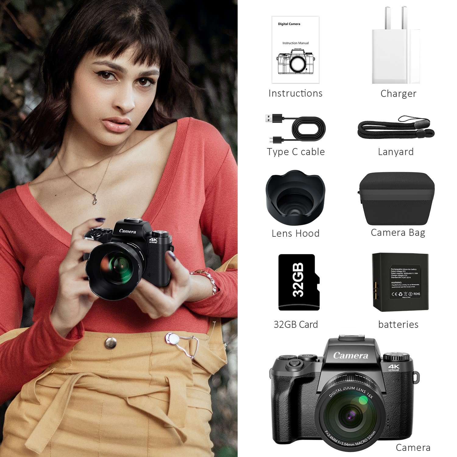 Saneen 4K 64MP digital camera with WiFi touchscreen, flash, front cameras and 32GB memory card