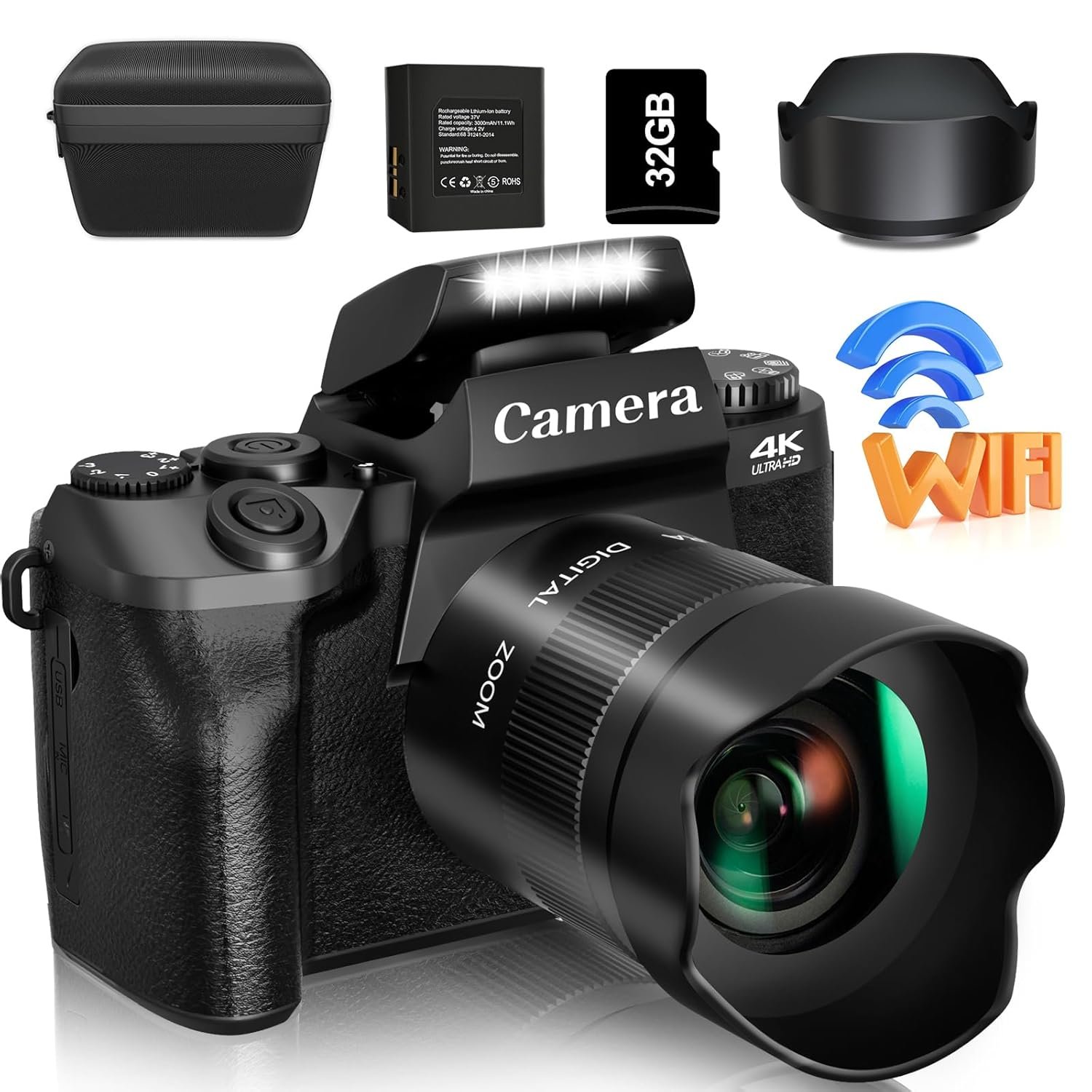 Saneen 4K 64MP digital camera with WiFi touchscreen, flash, front cameras and 32GB memory card