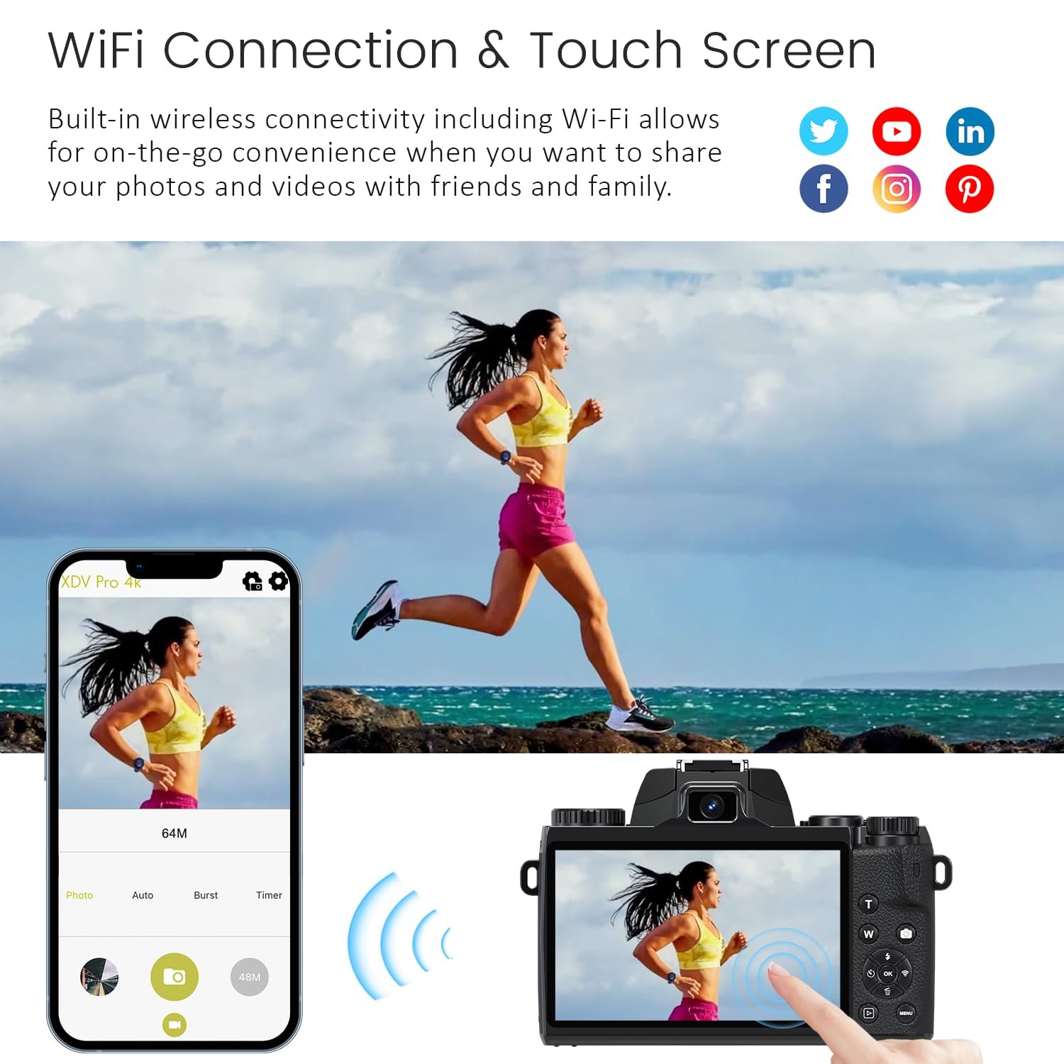 Saneen 4K 64MP digital camera with WiFi touchscreen, flash, front cameras and 32GB memory card