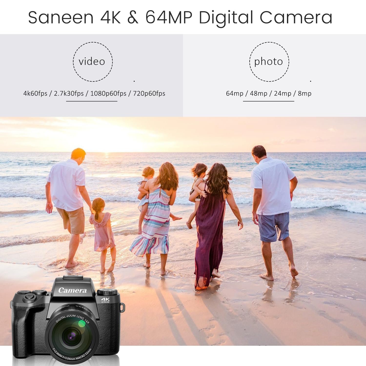 Saneen 4K 64MP digital camera with WiFi touchscreen, flash, front cameras and 32GB memory card
