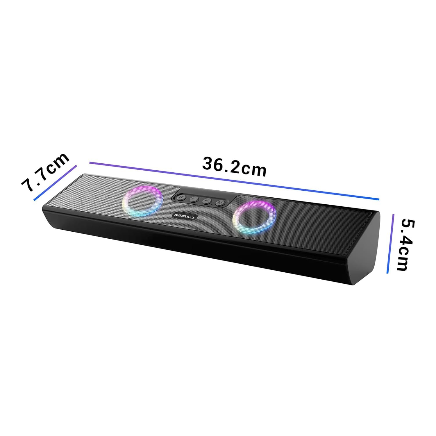 Zebronics Astra 35 portable Bluetooth speaker with 16W output, dual drivers, RGB LED lights, Bluetooth 5.3, USB, AUX, and TWS support