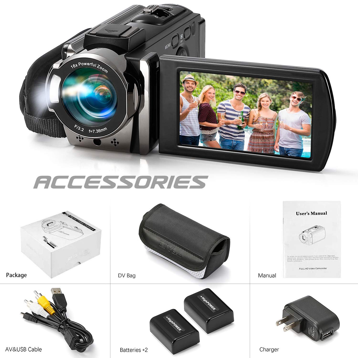 Kimire Full HD 1080P digital video camera camcorder with 24MP resolution, 16X digital zoom and 270-degree rotating LCD