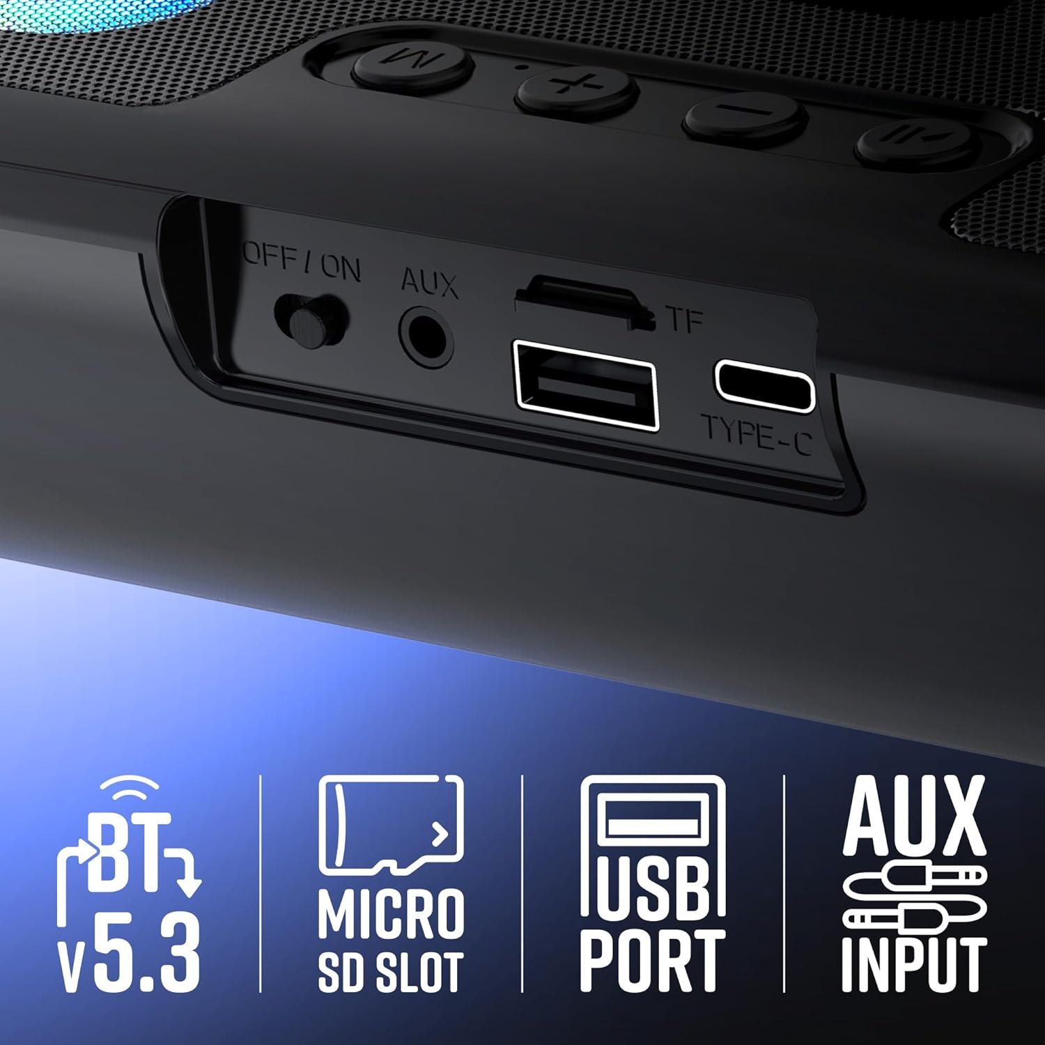 Zebronics Astra 35 portable Bluetooth speaker with 16W output, dual drivers, RGB LED lights, Bluetooth 5.3, USB, AUX, and TWS support