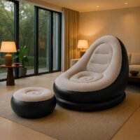 Inflatable Lounge Chair for Adults with Ottoman, Foldable Air Sofa Couch, Portable Blow Up Chair for Living Room Bedroom, Comfortable Indoor Seating, 150 kg Capacity (Beige)