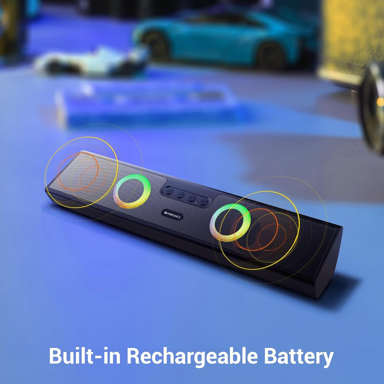 Zebronics Astra 35 portable Bluetooth speaker with 16W output, dual drivers, RGB LED lights, Bluetooth 5.3, USB, AUX, and TWS support