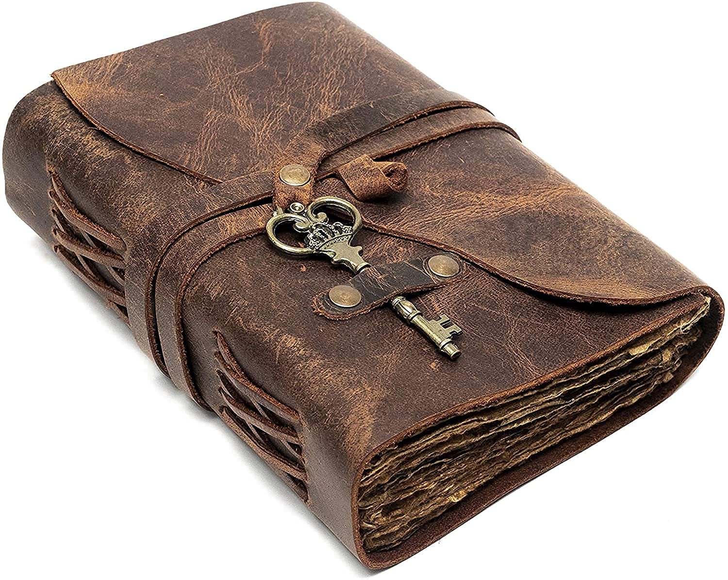 Leather Diary Writing Notebook Unique Handmade Embossed Travel Diary (Deckle Edge Paper Diary), 200 Pages
