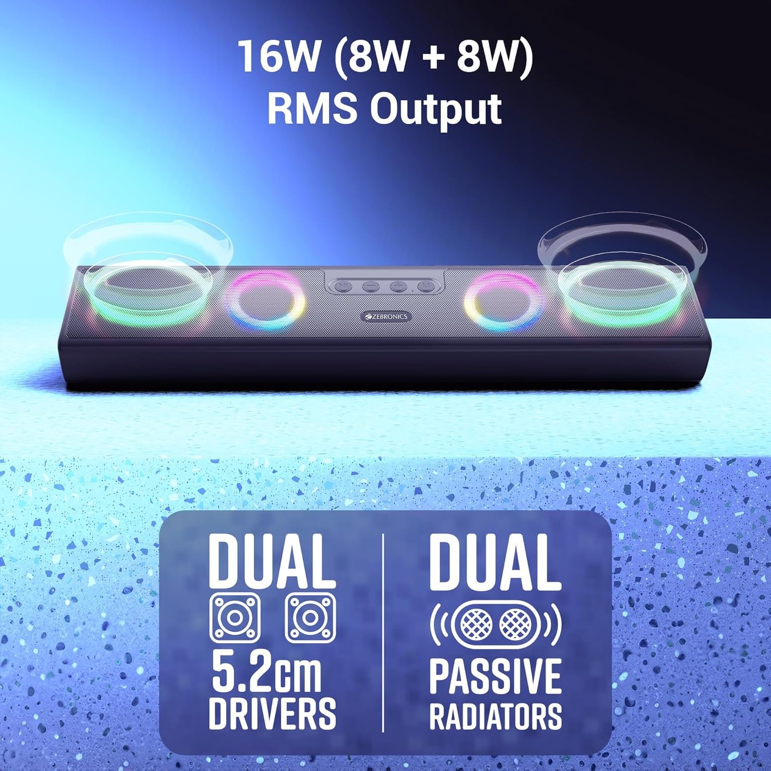 Zebronics Astra 35 portable Bluetooth speaker with 16W output, dual drivers, RGB LED lights, Bluetooth 5.3, USB, AUX, and TWS support